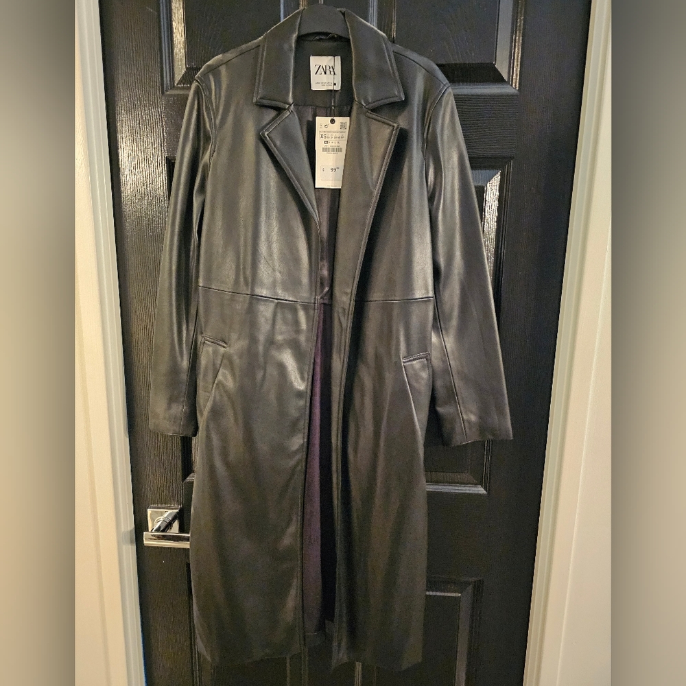 NWT Zara Faux Leather Wrap Trench,Black XS
